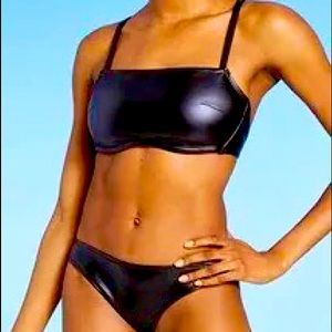 Black Faux Leather Bathing Suit Tie back top